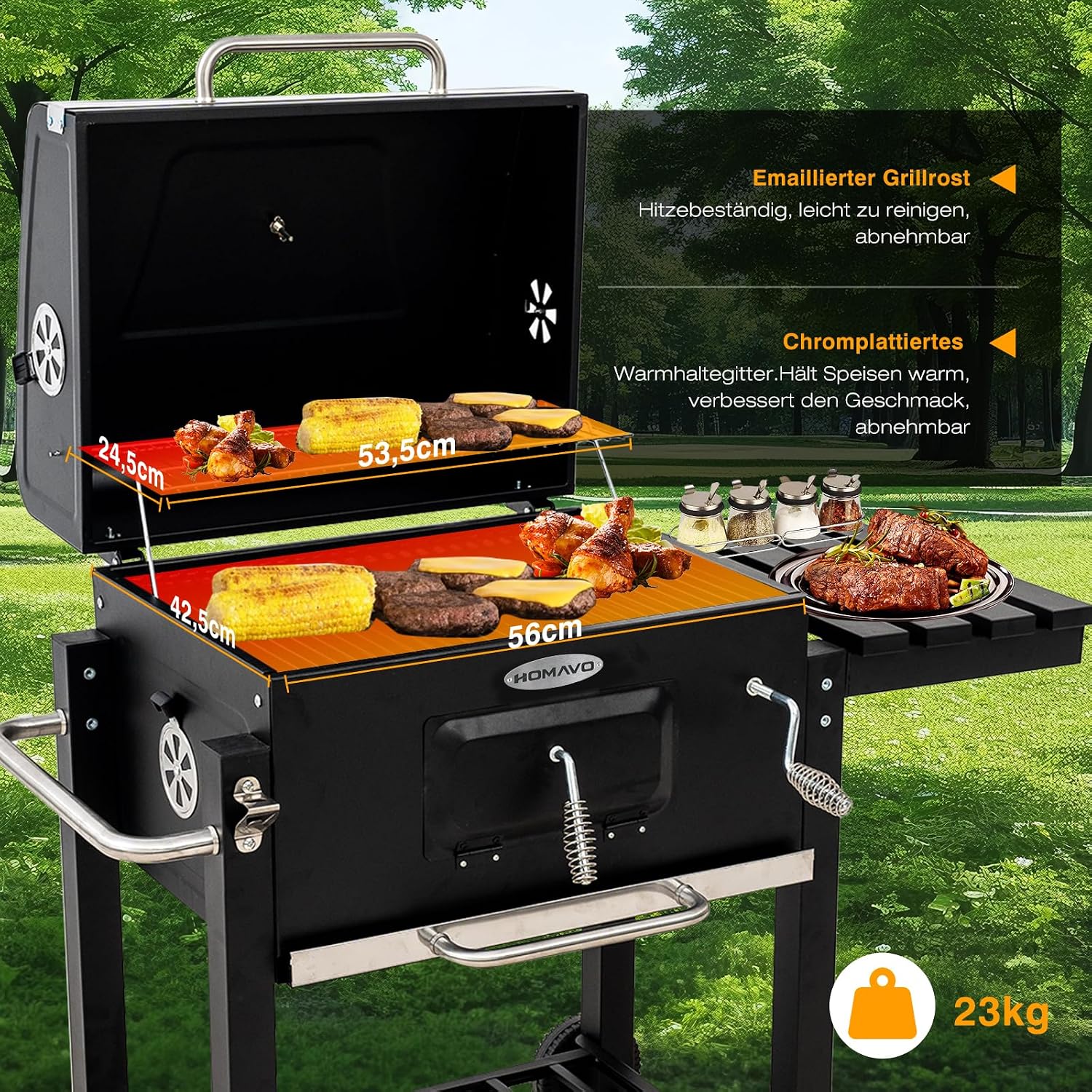 HOMAVO Holzkohlegrill, Klappbarer Grill mit Deckel, Grillfläche 56×42,5 cm, Höhenverstellbarer Kohlekorb, Klappbarer Seitentisch und Schutzhülle inklusive 4 HOMAVO Holzkohlegrill, Klappbarer Grill mit Deckel, Grillfläche 56×42,5 cm, Höhenverstellbarer Kohlekorb, Klappbarer Seitentisch und Schutzhülle inklusive – Bild 4