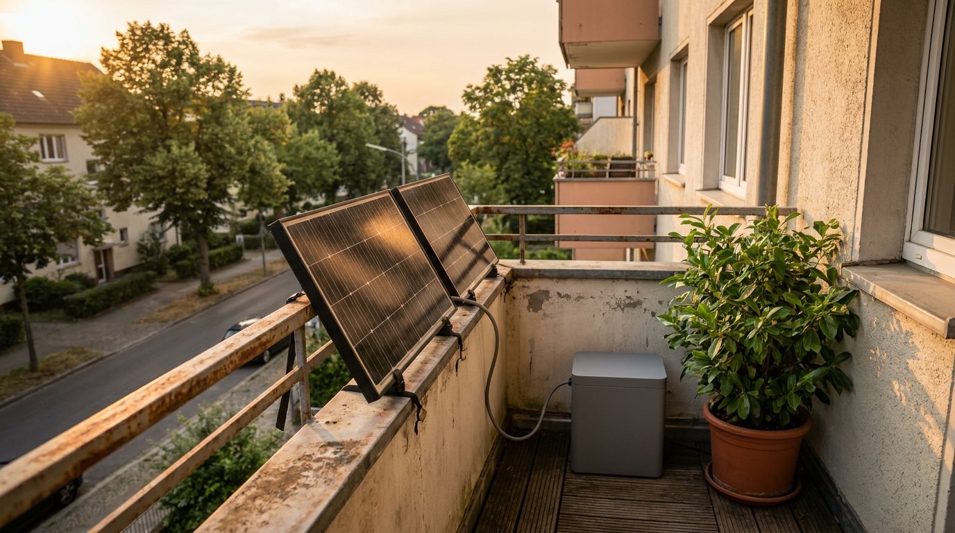 Zwei Solarmodule am Balkongeländer, daneben ein kompakter Batteriespeicher auf dem Balkonboden