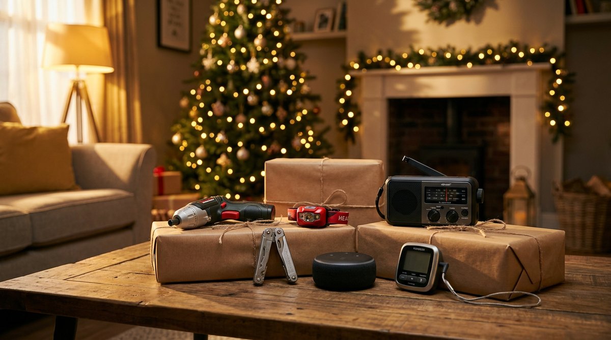 Weihnachtsgeschenke für Männer unter dem Christbaum: Akkuschrauber, Multitool, Stirnlampe, Kurbelradio und Grillthermometer